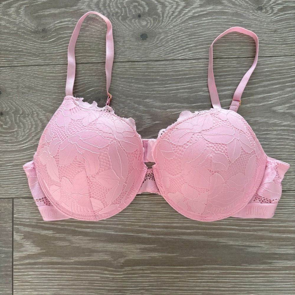 Juicy Couture Womens Pink Overlay Lace Underwire Padded Push Up Bra Size 38C